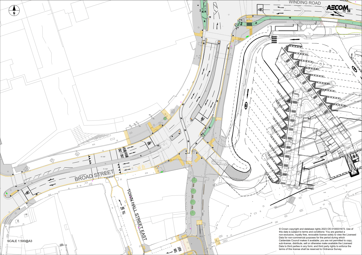 Drawing showing proposals for changes to the road layout on Broad Street, crossings, and cycle routes. This drawing also shows how proposals for this project link into the layout of the new Halifax Bus Station development and the pedestrianised area linking the bus station to Northgate House and Trinity Sixth Form Academy.
